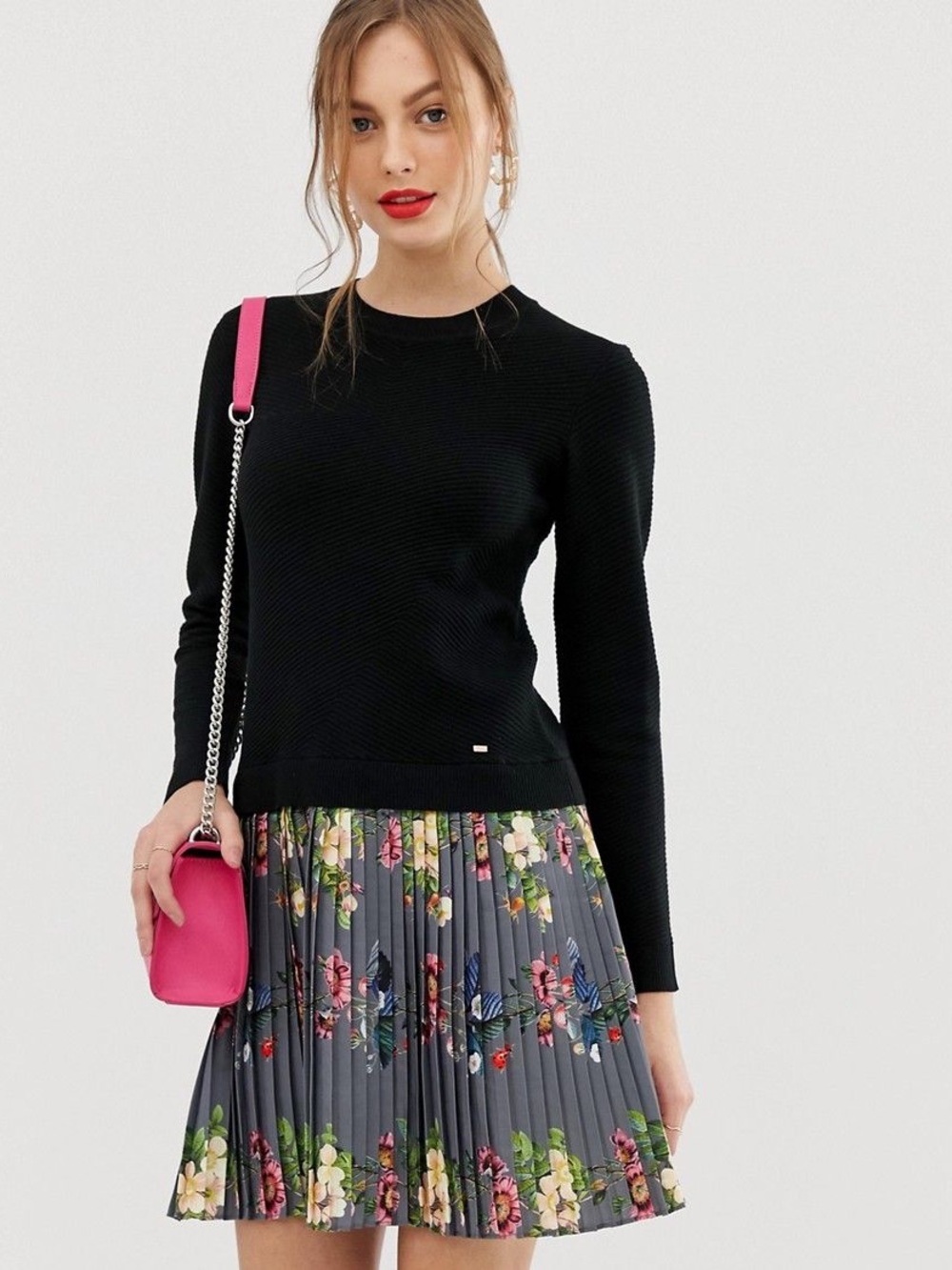 Ted Baker Black Knit Floral Pleated Skirt Sweater Dress Size 0